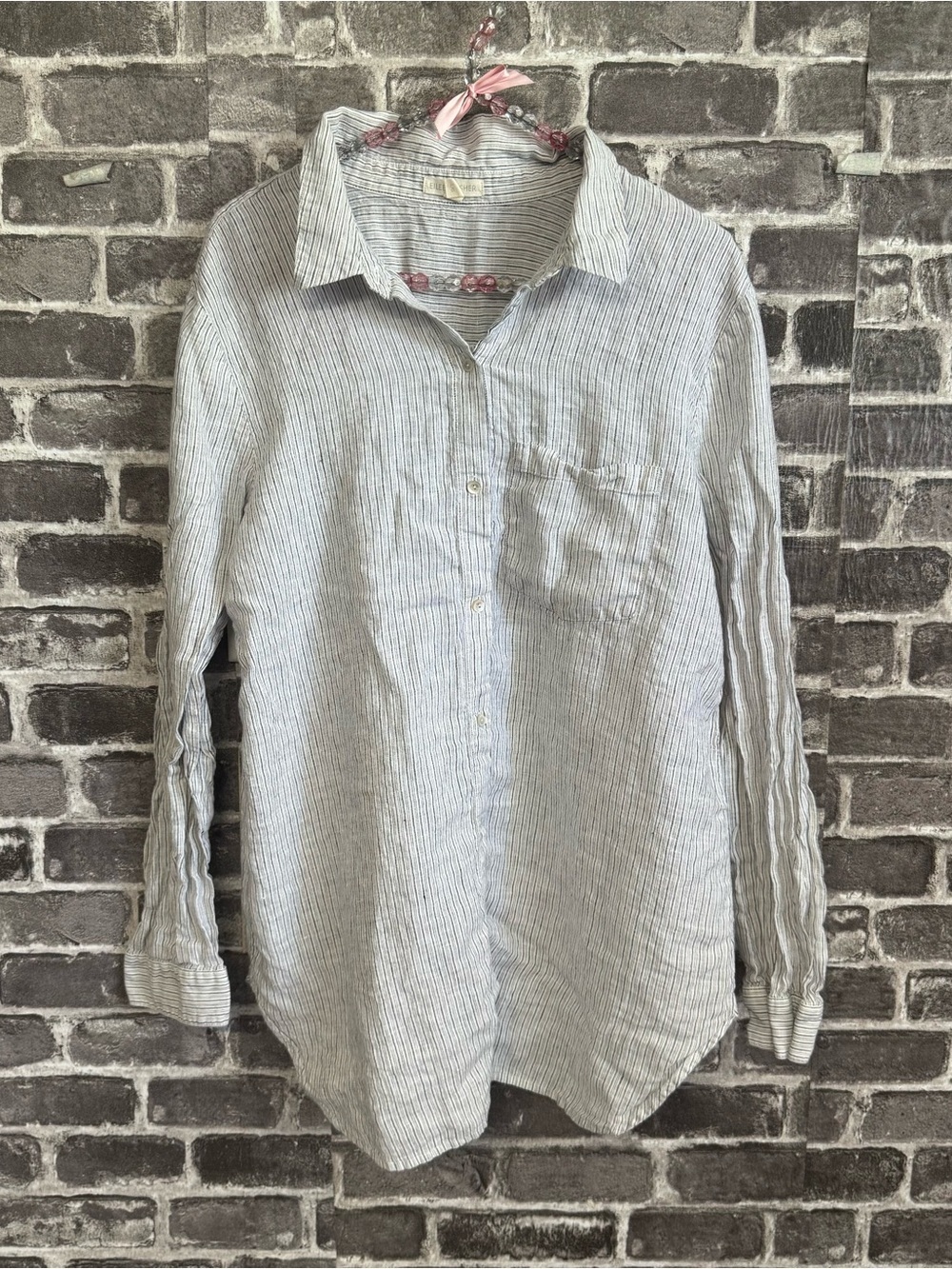 Eileen Fisher button down blouse shirt top White gray stripe 100% linen
